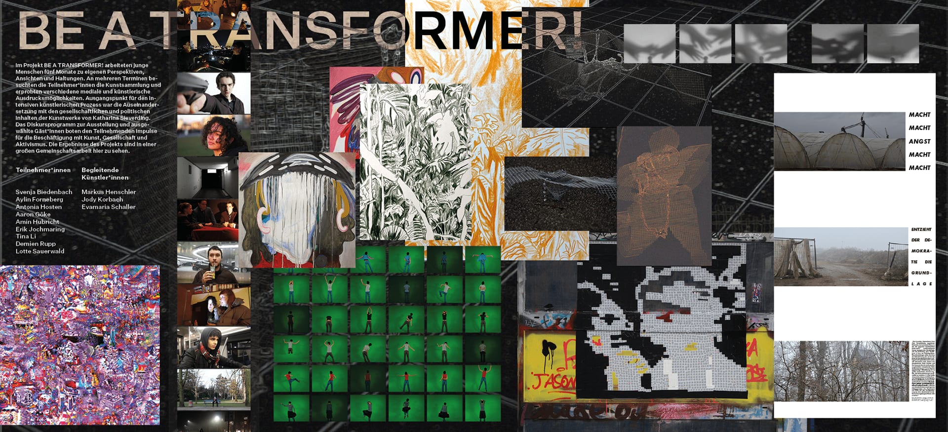 The 5×12 m BÉE TRANSFORMER! banner on the dome wall at K21, including Demien's "1/4" AI collage — 100 events of this century generated as AI images.