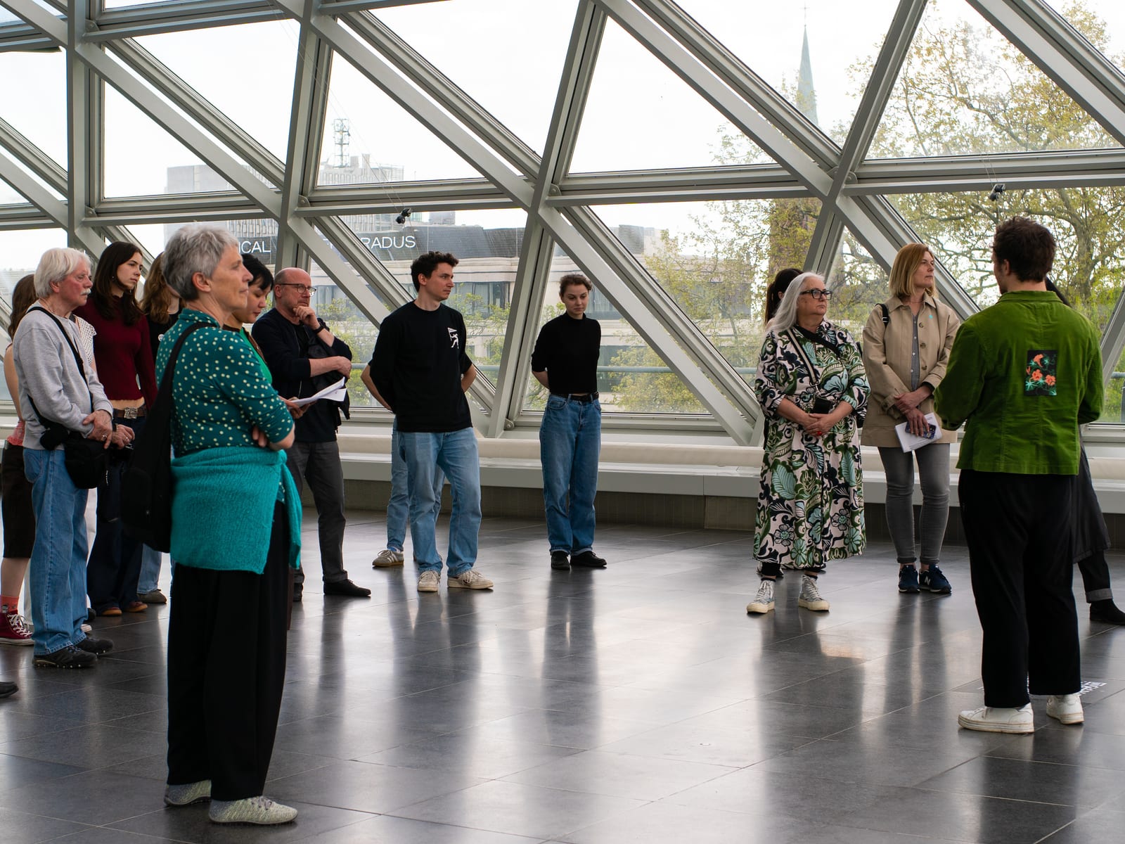 Visitors gathered in the glass-roofed hall of K21 during the Soundwalk.